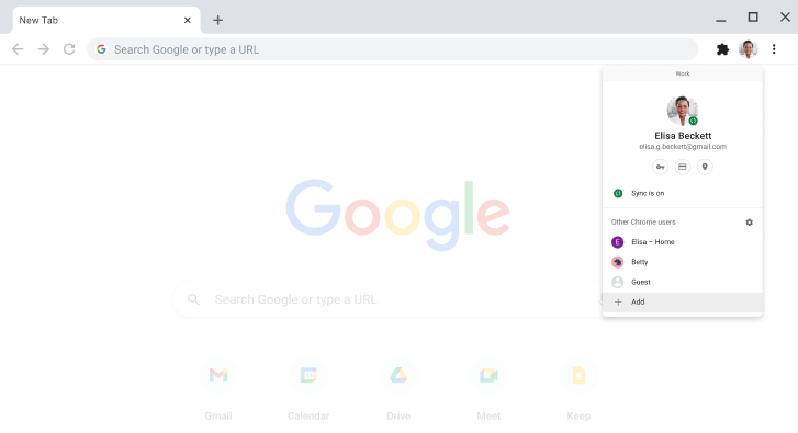Chrome-browser met daarin het dialoogvenster voor de profielkiezer.