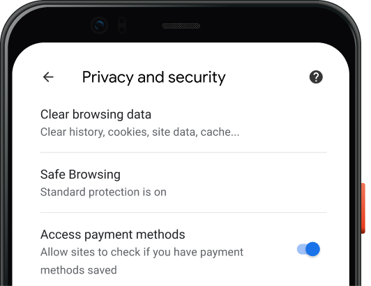 De pagina met privacy- en beveiligingsinstellingen voor de Chrome-browser op een mobiel apparaat.