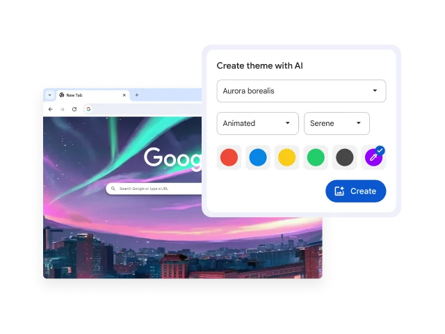 A browser UI shows the option to create a theme with AI. A purple aurora borealis is the example given.