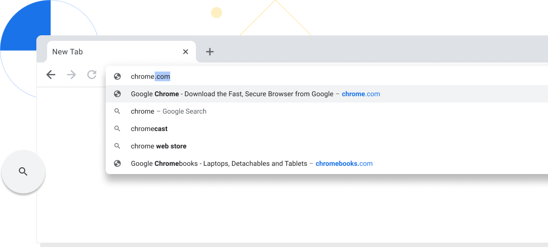 Ingezoomde weergave van een nieuw tabblad in een Chrome-browservenster waarin chrome.com is opgegeven in de adresbalk.