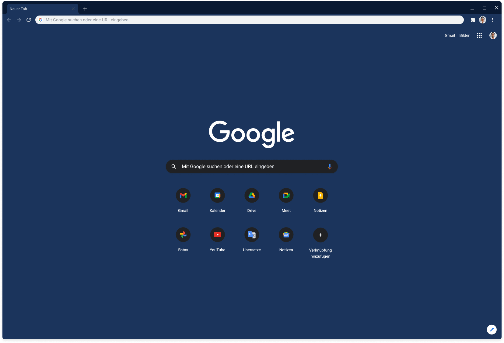 Chrome-Browserfenster mit Google.com, im Slate-Design.