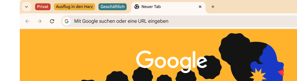 Die Benutzeroberfläche eines Browsers enthält drei Gruppen von Tabs: Persönlich, Reisen und Arbeit