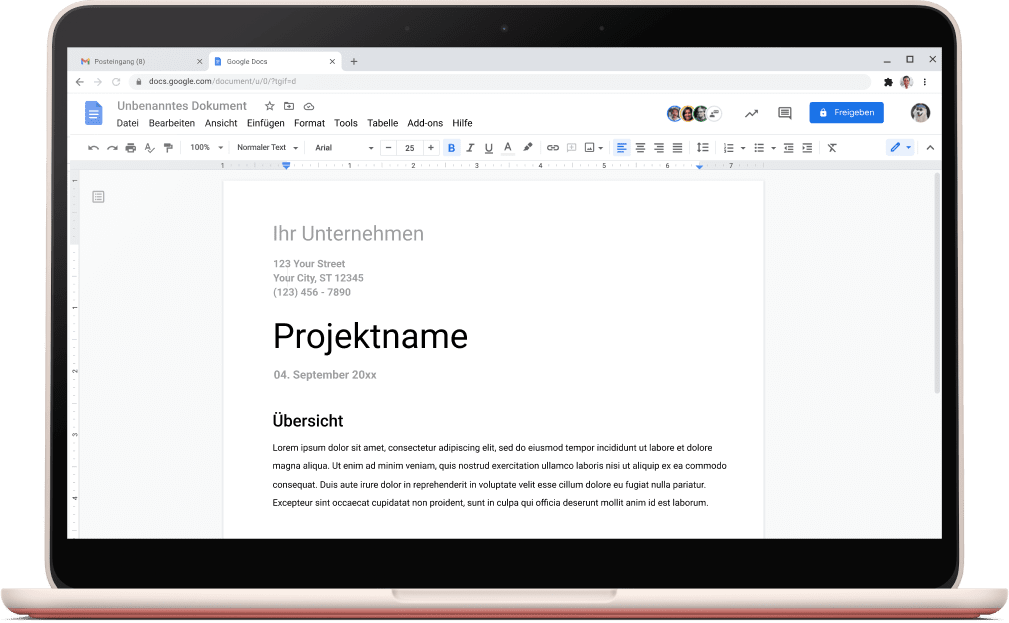 Google Docs-Bildschirm mit geöffneter Projektvorlage.