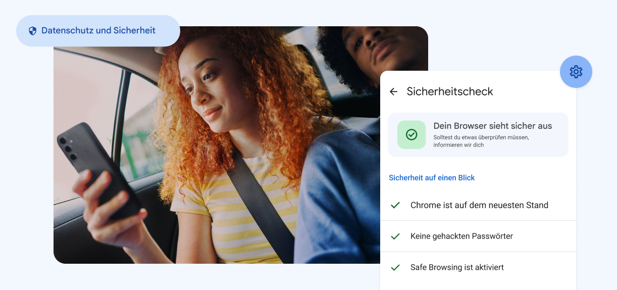 Eine Frau sieht auf ihr Smartphone. Auf Elementen sind die Worte „Datenschutz und Sicherheit“ mit einer Warnung vor kompromittierten Passwörtern zu sehen.