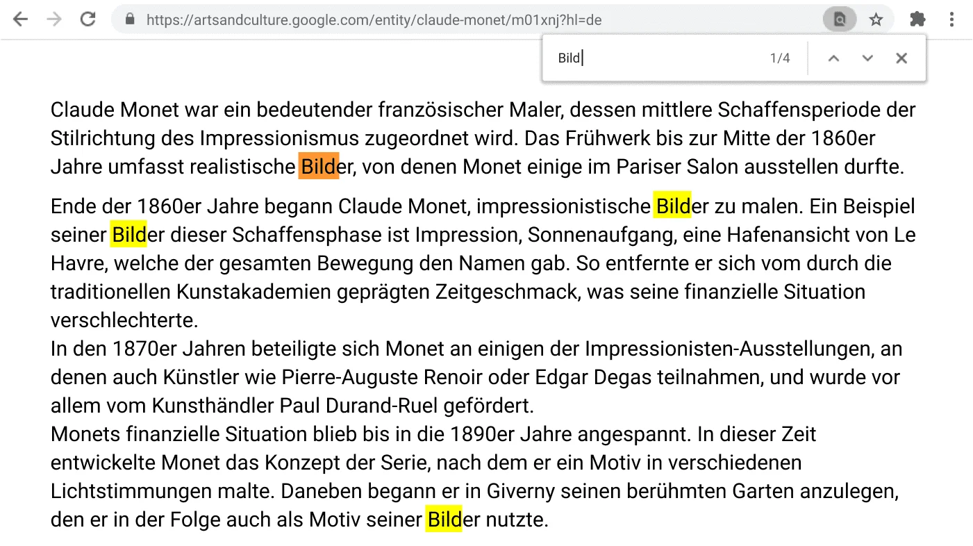 Chrome-Browserfenster mit einer Webseite, auf der die Suchfunktion aktiviert ist.