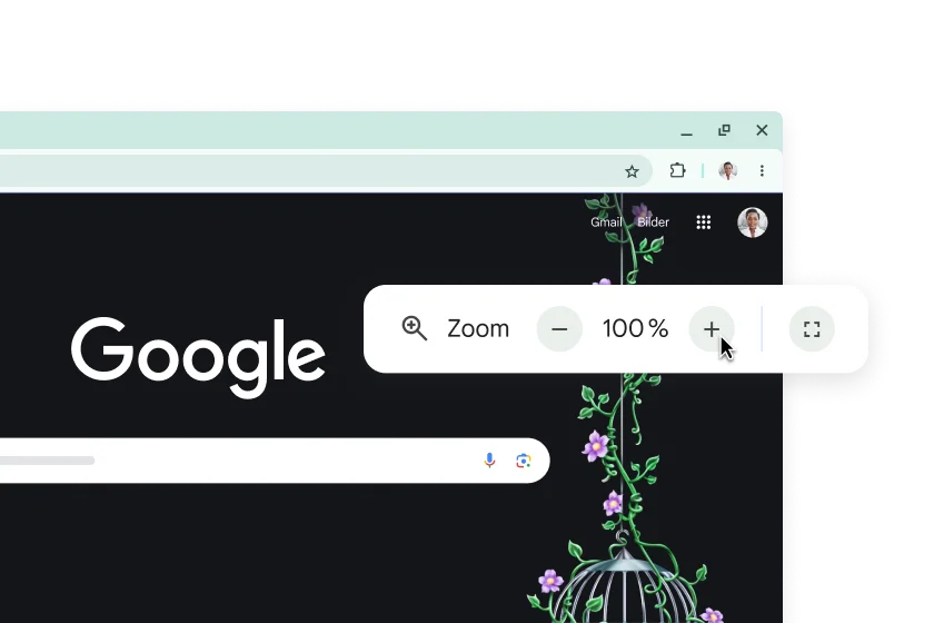 Die Google-Startseite und ein Pop-up-Fenster, in dem der Zoom auf 100 % eingestellt ist