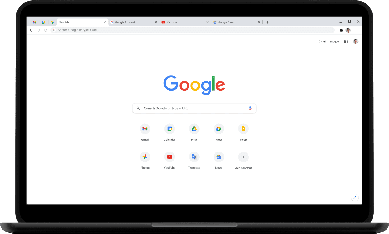 Top-left corner of a Pixelbook laptop with screen displaying Google.com.