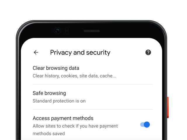 Chrome browser privacy and security settings page within a mobile device.