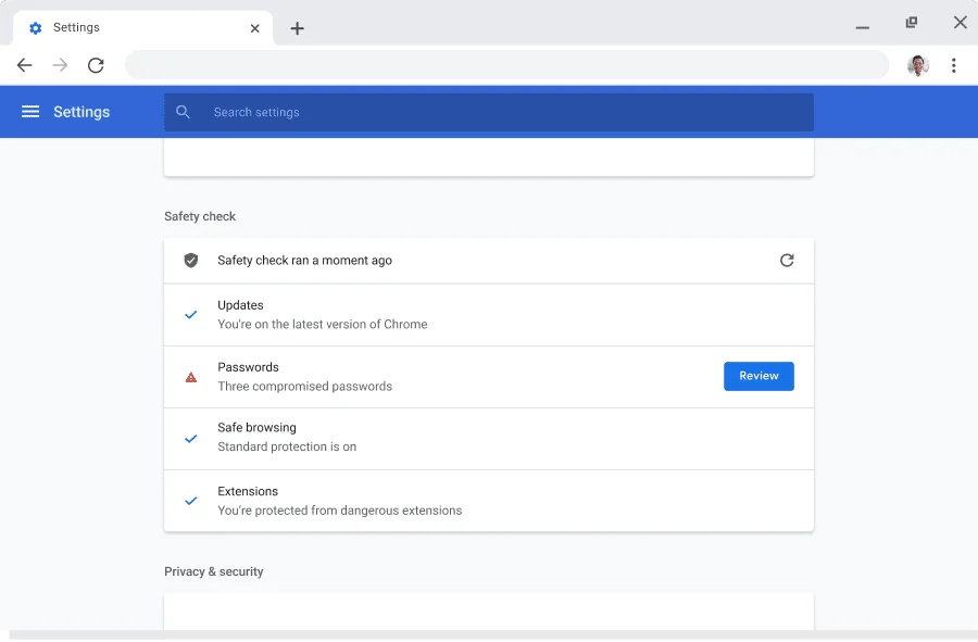 Chrome browser window displaying account and sync settings for Google Accounts, where sync is enabled.