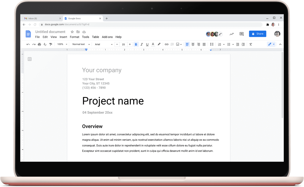 Google Docs screen showing a project template open.