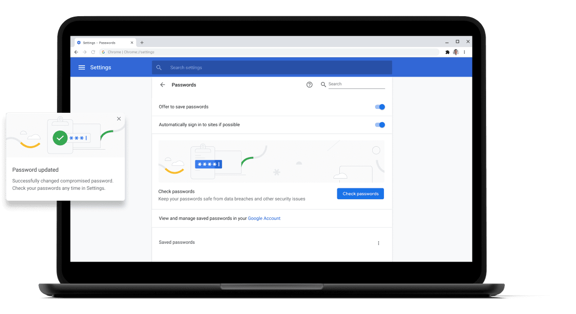 Pixelbook Go laptop with screen displaying Chrome password check with a passsword update dialog box.