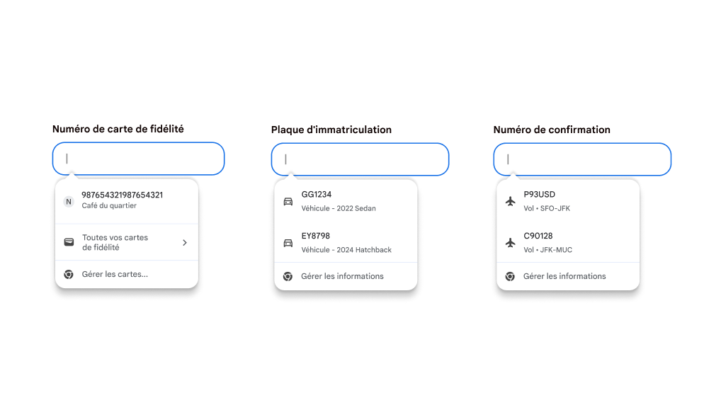 Expérience utilisateur de la saisie automatique représentée avec la saisie de données d'une carte de fidélité, d'une plaque d'immatriculation et d'une confirmation de vol.
