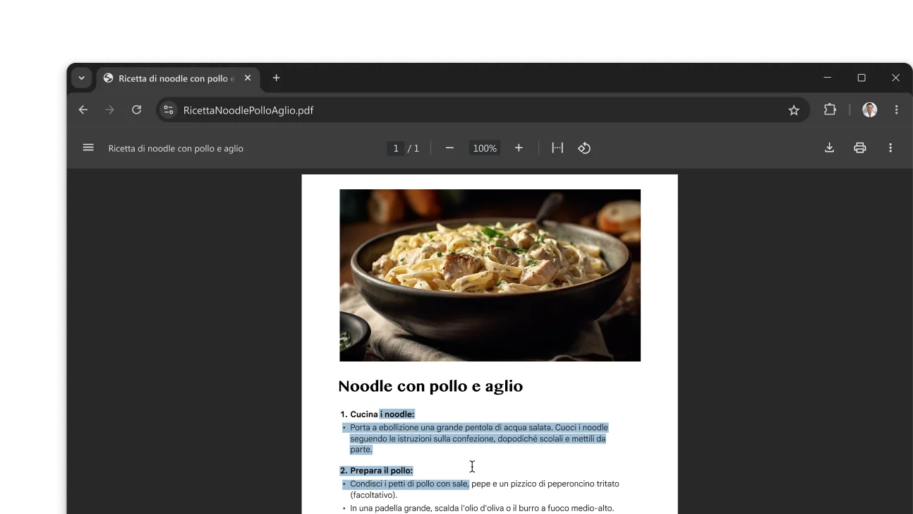 Un PDF con una ricetta è aperto in una finestra del browser Chrome. L'utente ha selezionato del testo all'interno del PDF.