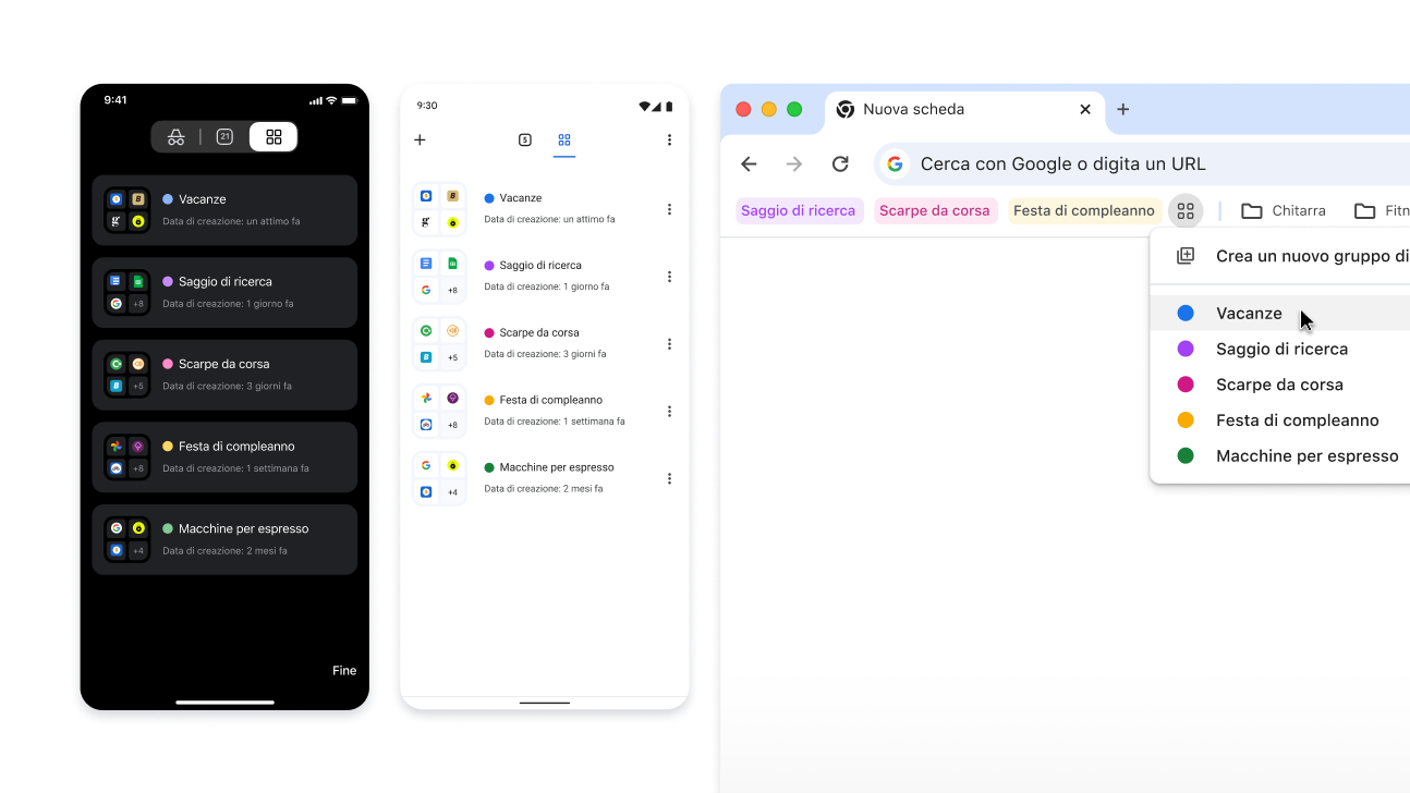 Gruppi di schede su dispositivi iOS, Android e computer