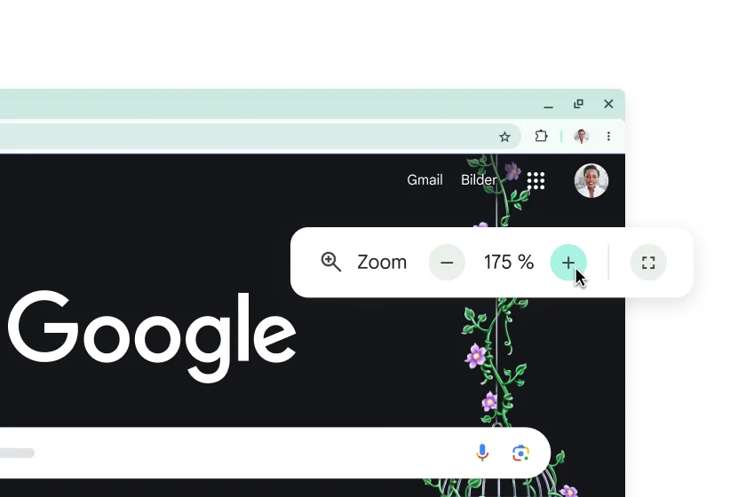 Google-startsiden med forstørrede elementer og et forgrunnsvindu der zoomnivået er satt til 175 %