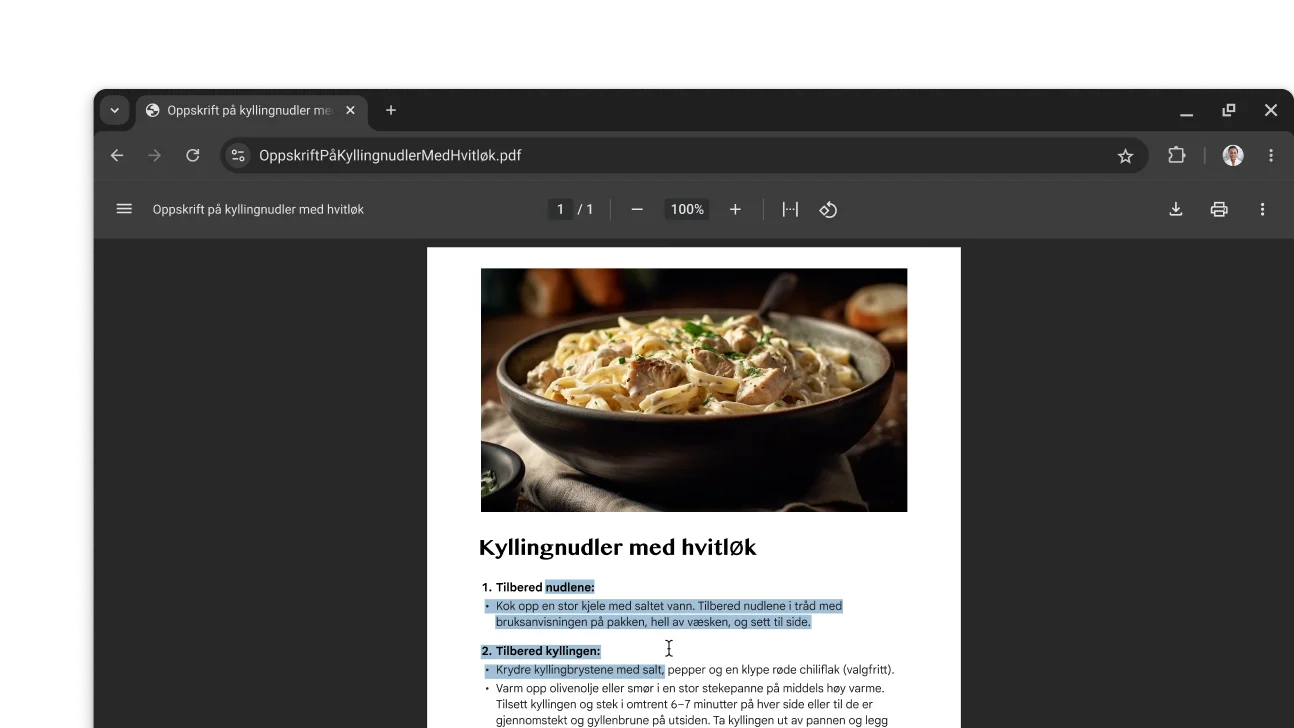 En PDF-fil med en oppskrift er åpen i et Chrome-nettleservindu. Brukeren har valgt tekst i PDF-filen.