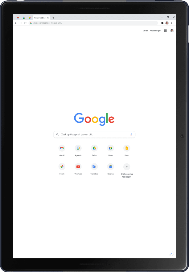 Pixel Slate-tablet in portretmodus waarop je de Google-homepage ziet.