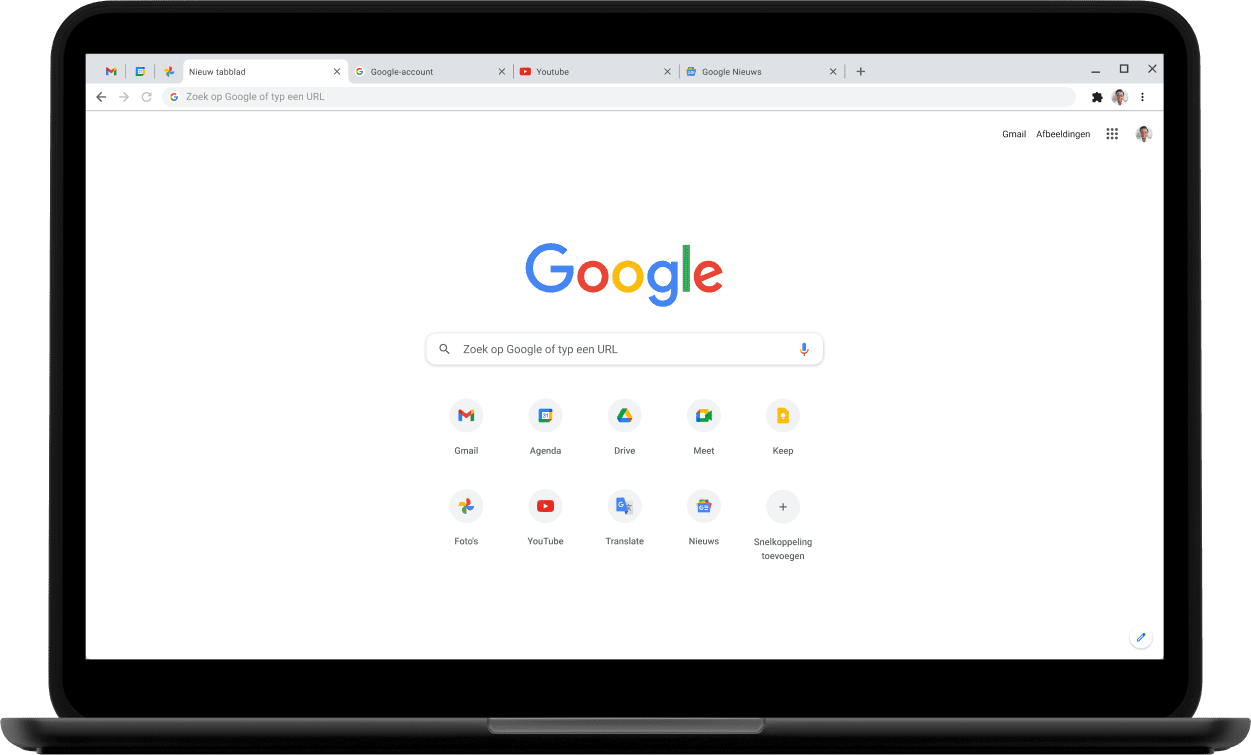 Linkerhoek van een Pixelbook-laptop met een scherm waarop je Google.com ziet.