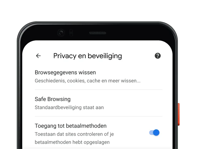 De pagina met privacy- en beveiligingsinstellingen voor de Chrome-browser op een mobiel apparaat.