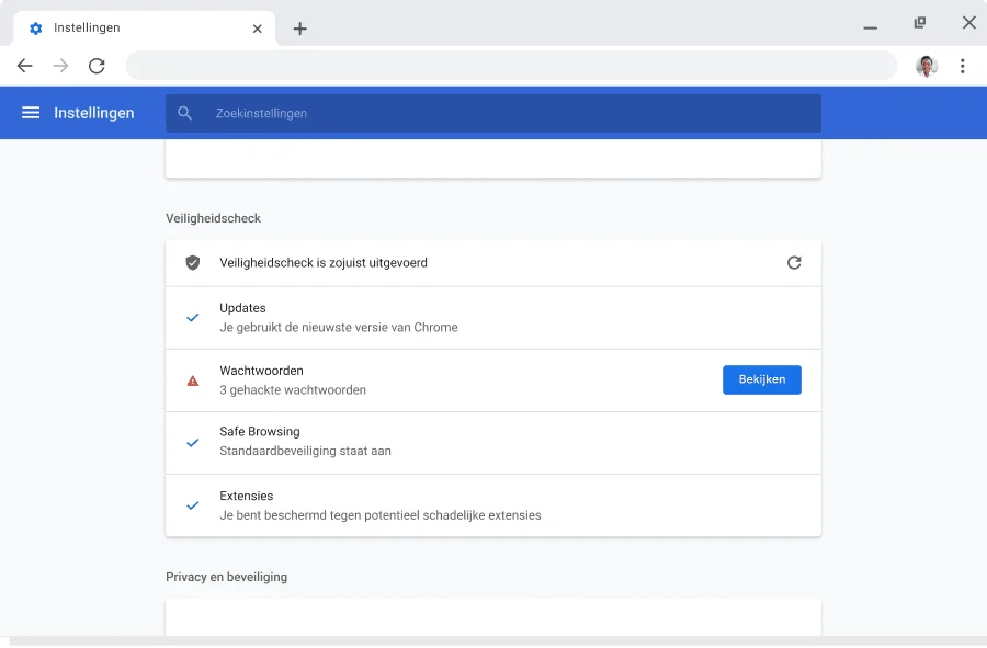 Chrome-browservenster met daarin de account- en synchronisatie-instellingen voor Google-accounts, waarbij synchronisatie is aangezet.