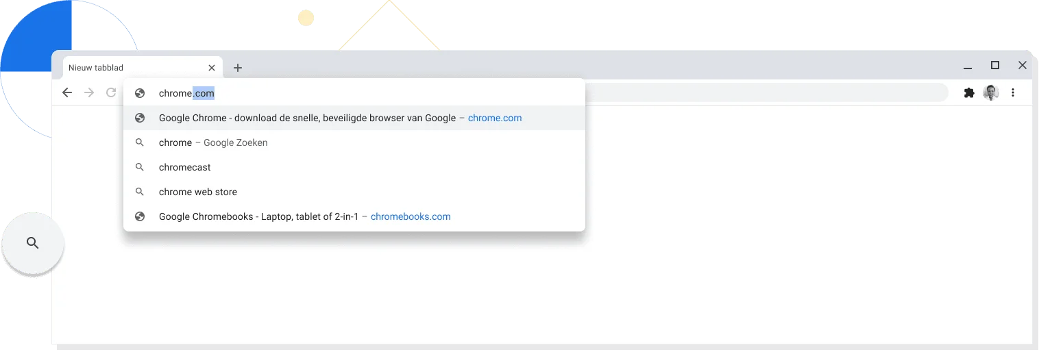 Ingezoomde weergave van een nieuw tabblad in een Chrome-browservenster waarin chrome.com is opgegeven in de adresbalk.