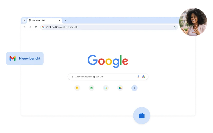 De achtergrond van de Google-zoekpagina is wit. In één hoek staat een foto van een vrouw.