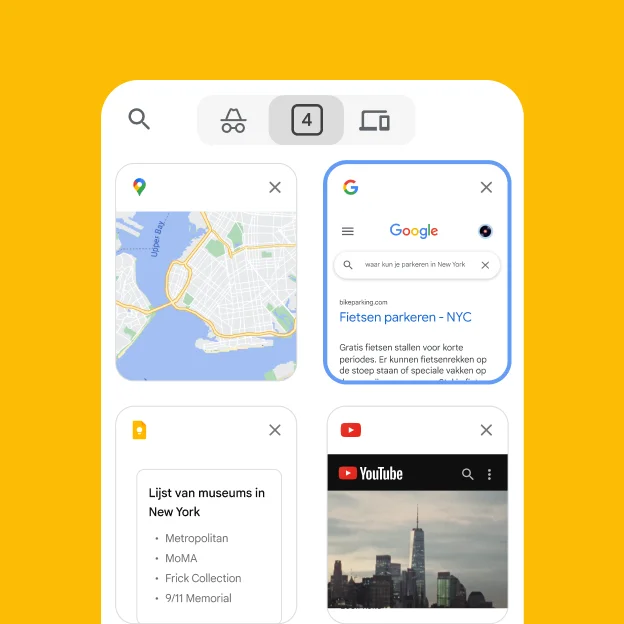 Een mobiele browser laadt tabbladen van een desktopbrowser, waaronder Google Maps.