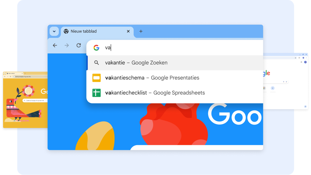 Een zoekopdracht voor 'va' levert 'Vacation documents' op en de gebruiker tikt op een snelkoppeling voor Spreadsheets om een spreadsheetblad met een inpaklijst voor een vakantie te openen.
