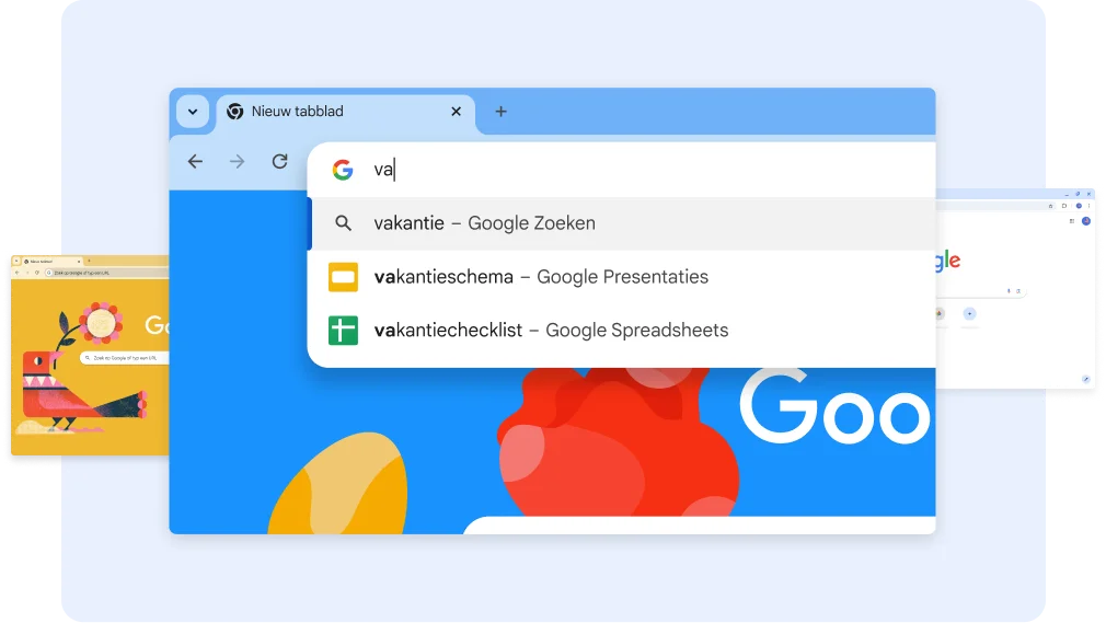 Een zoekopdracht voor 'va' levert 'Vacation documents' op en de gebruiker tikt op een snelkoppeling voor Spreadsheets om een spreadsheetblad met een inpaklijst voor een vakantie te openen.