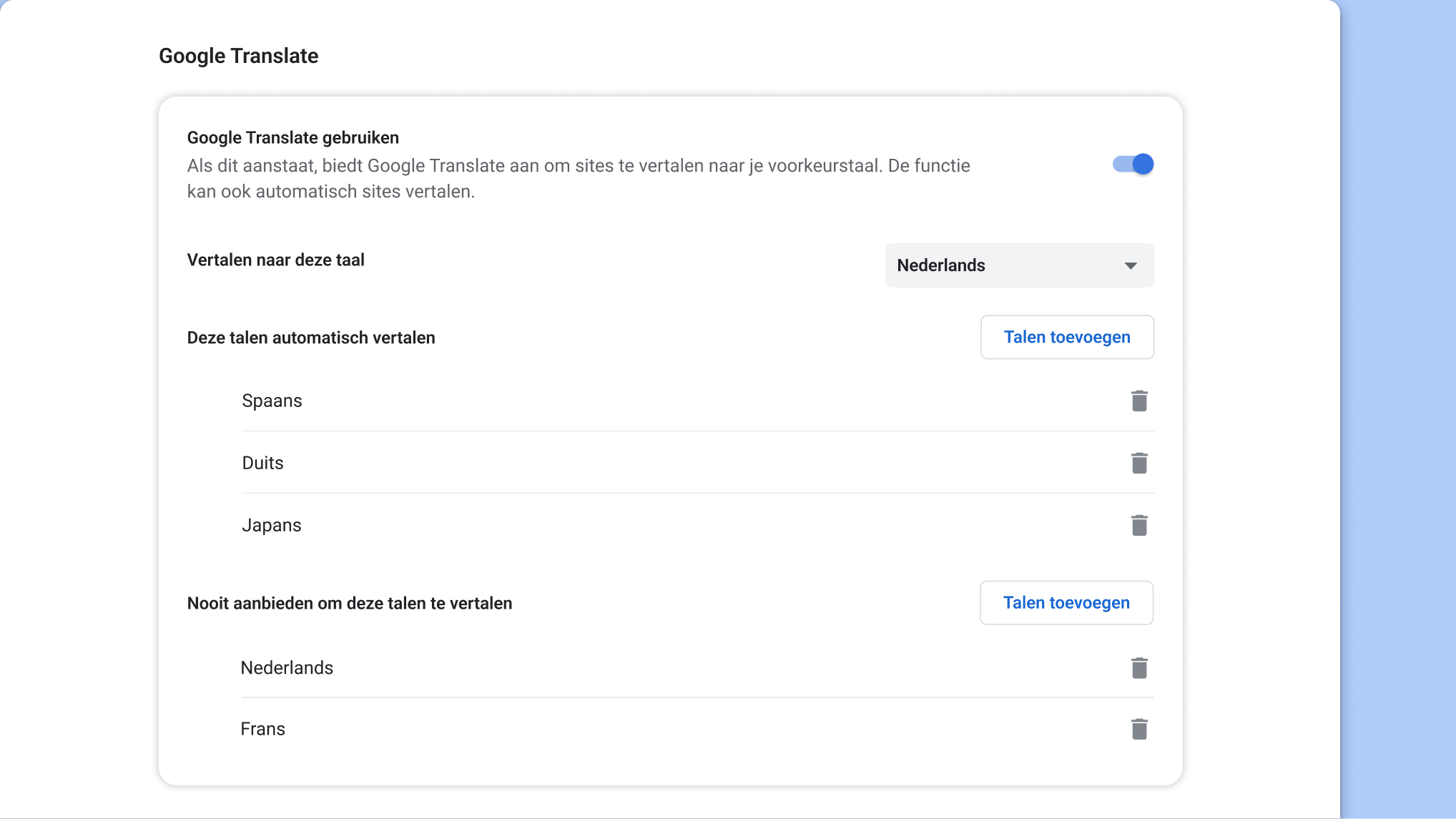 Pagina met instellingen voor Google Translate in Chrome