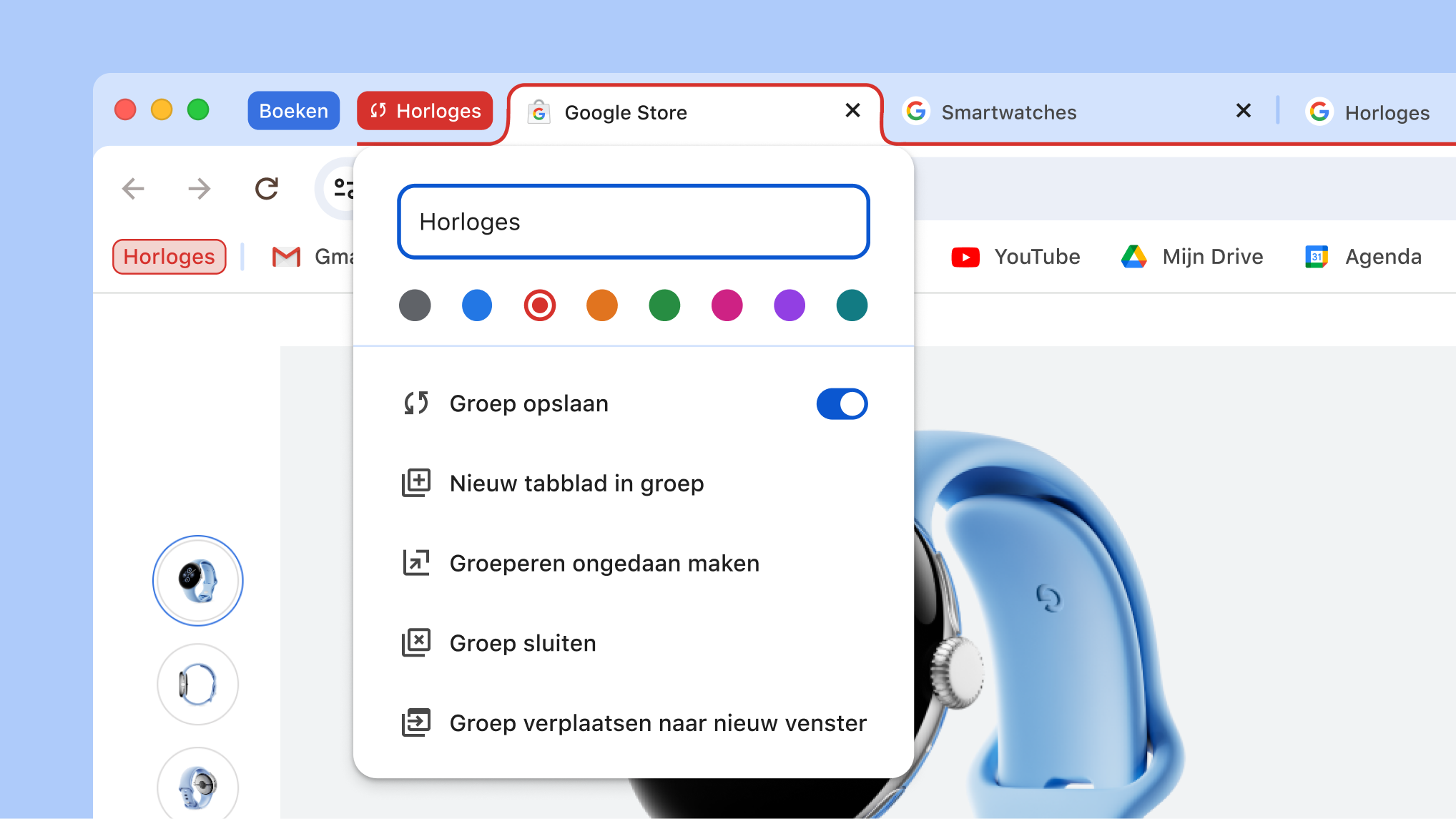 Een open menu voor een tabbladgroep met de nieuwe opties voor Groep opslaan en Groep verbergen
