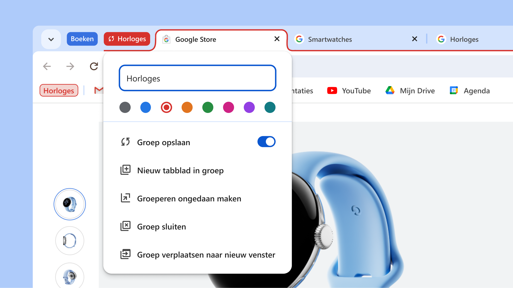 Een open menu voor een tabbladgroep met de nieuwe opties voor Groep opslaan en Groep verbergen