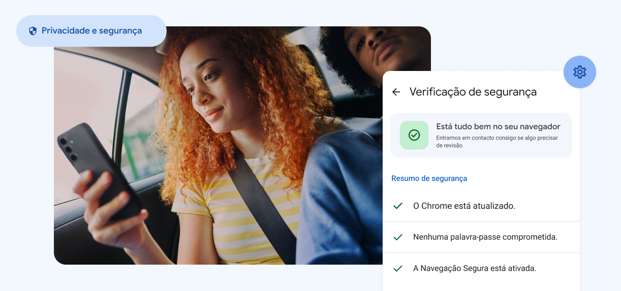 Uma mulher olha para o seu telemóvel. Elementos dizem “Privacidade e segurança” com um alerta sobre palavras-passe comprometidas.