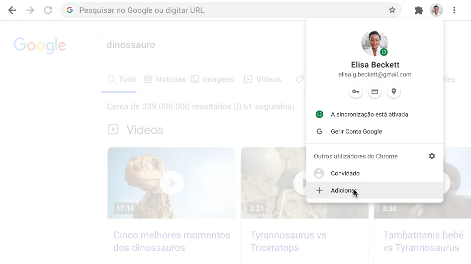 Janela do navegador Chrome com caixa de diálogo Perfil aberta.