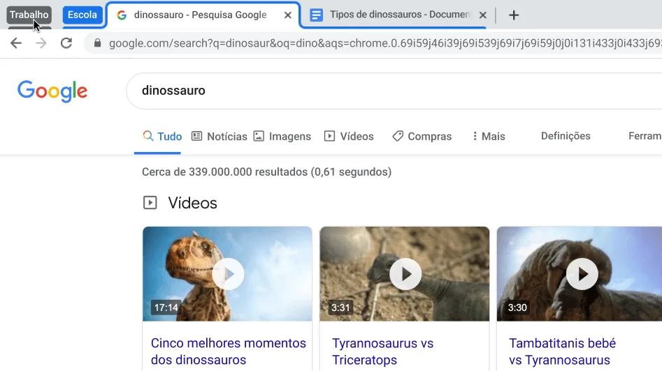 Janela do navegador Chrome a mostrar a redução de um grupo de separadores.