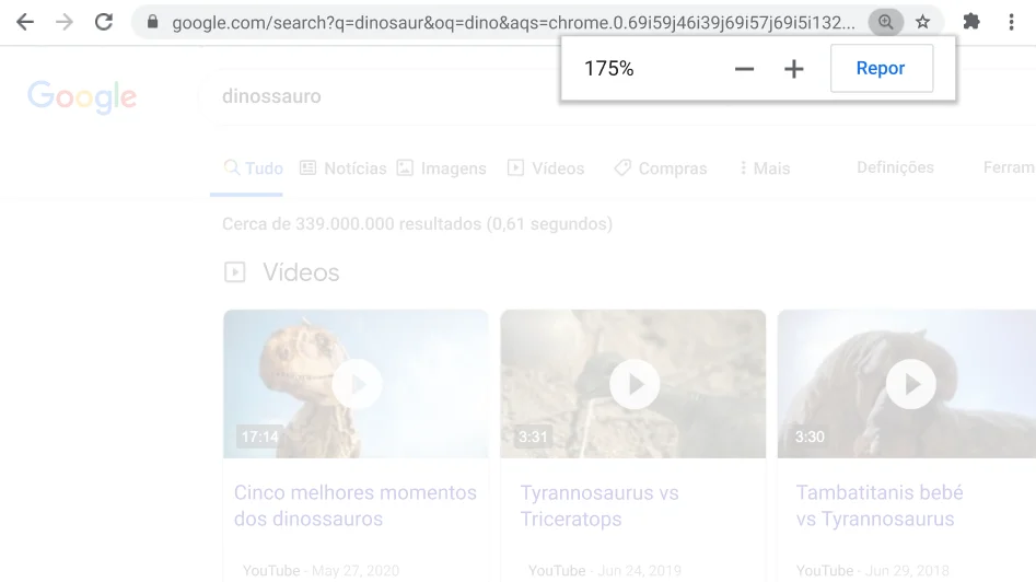 Janela do navegador Chrome aberta numa página Web com a função Zoom ativa.