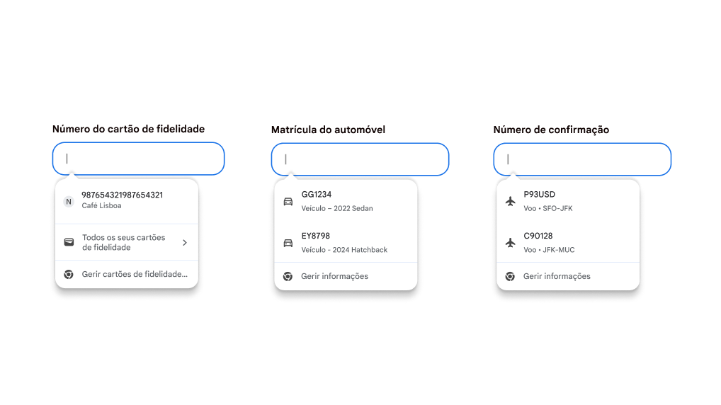 Experiência do utilizador do preenchimento automático para preencher cartões de fidelidade, informações sobre veículos e informações sobre voos.