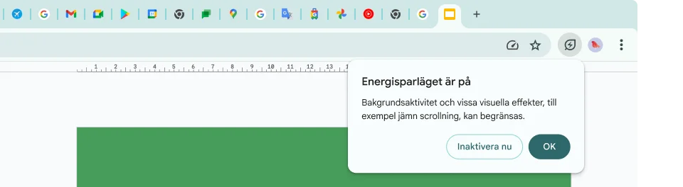 En markör har klickat på ikonen för strömsparläget, som förklarar att bakgrundsaktivitet och vissa visuella effekter har begränsats för att spara minne.