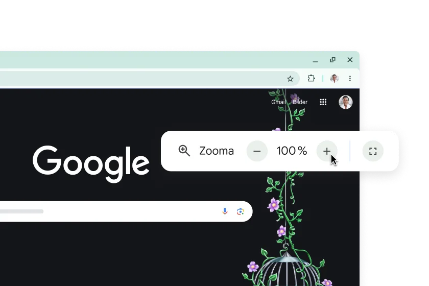 Googles startsida och ett popup-fönster med Zoom som är inställt på 100 %