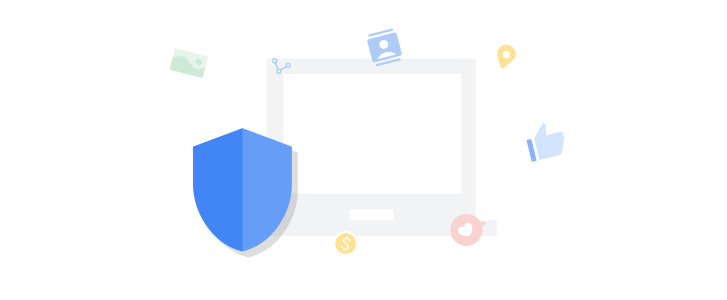 Ein Browser ist von Symbolen verschiedener Websites und sozialer Medien umgeben. Ein großes Schutzschild schützt den Browser vor Trackern.