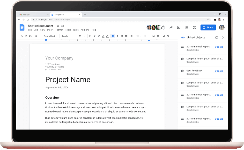 Google Documenten-scherm met daarin een geopende projecttemplate.