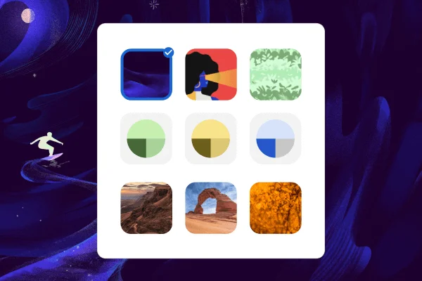 Iconen tonen 9 verschillende thema's. Als de gebruiker op het thema klikt, verandert de achtergrondafbeelding.