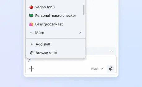 In the Gemini in Chrome side panel, a user opens a menu with ways to use, add, and browse skills