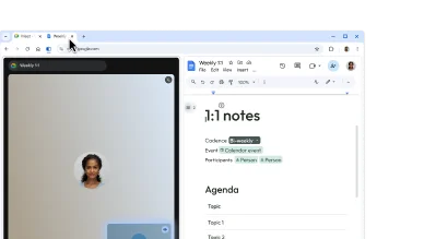 Użytkownik tworzy widok podzielony, przeciągając jedną kartę na drugą. Dzięki temu może łatwo robić notatki podczas rozmowy w Google Meet.
