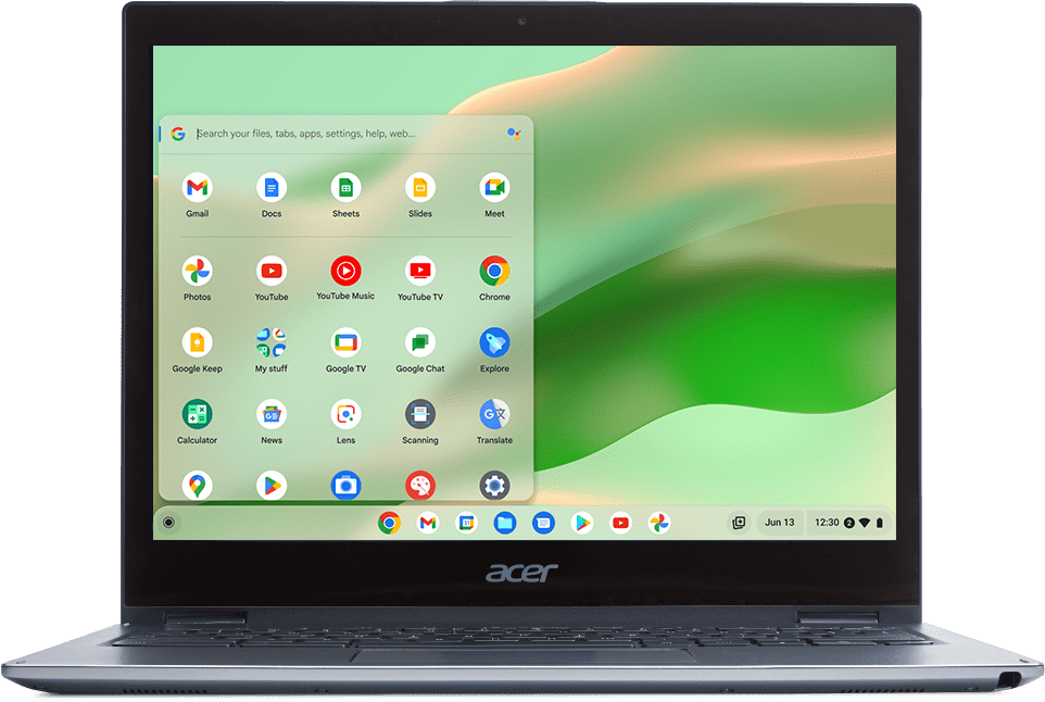 Op een open Chromebook is het startscherm te zien met een standaardcontrast.