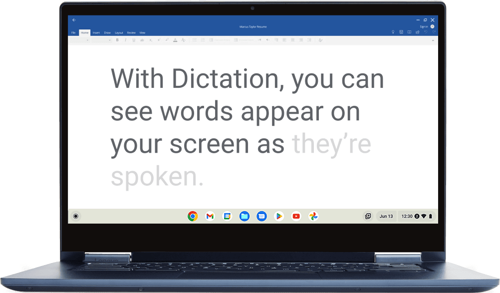 Op een open Chromebook is de dicteerfunctie te zien.