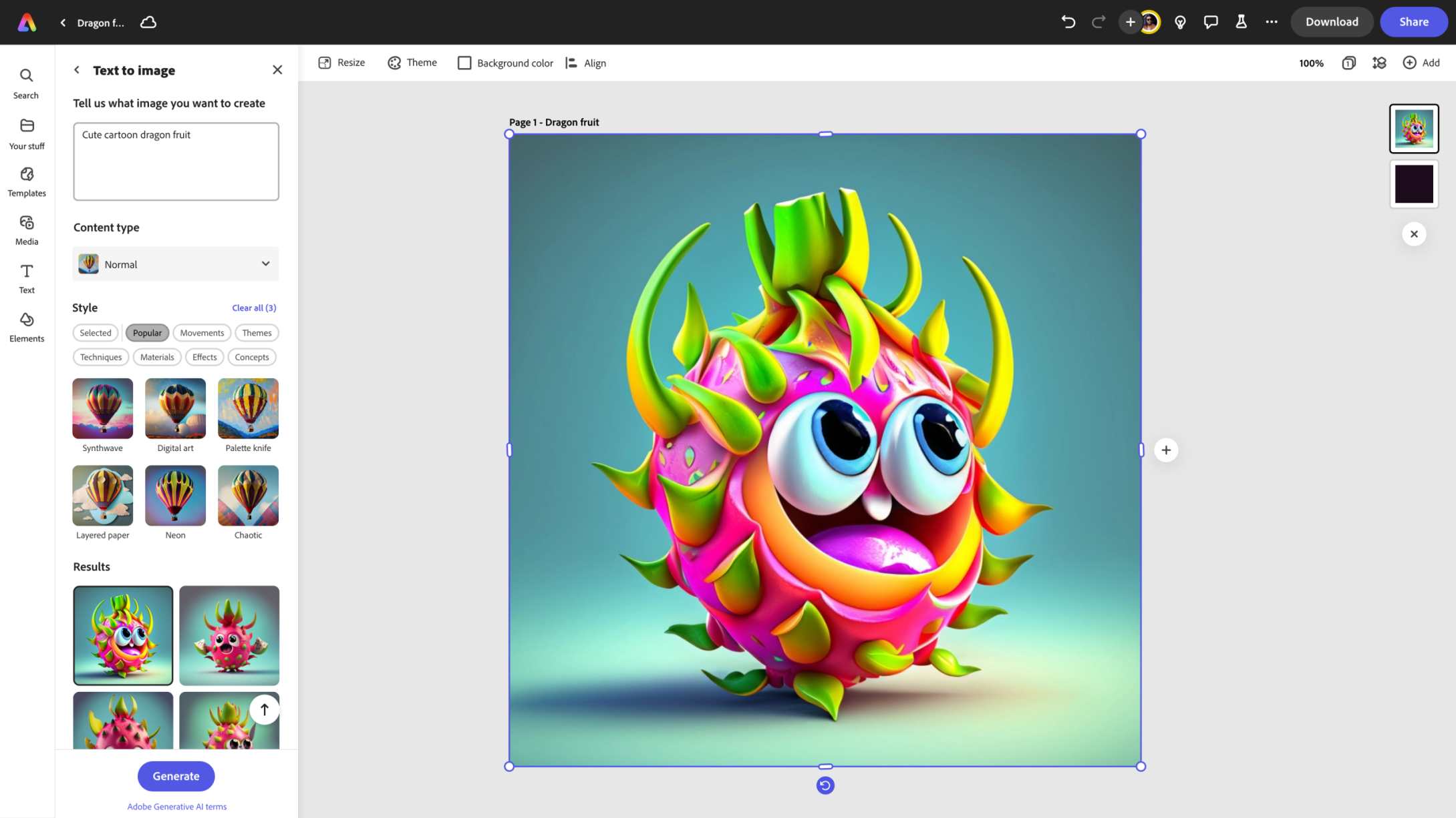 De web-app Adobe Express wordt getoond op het scherm van een Chromebook-apparaat. De web-app toont de functie Tekst naar afbeelding. In het tekstvak staat de volgende prompt: "Cute cartoon dragon fruit". De gegenereerde afbeelding staat ernaast.