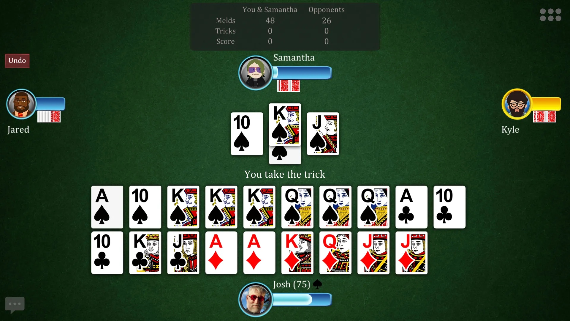 A peek inside one of Josh’s Pinochle games, where players rack up points by building various card combos